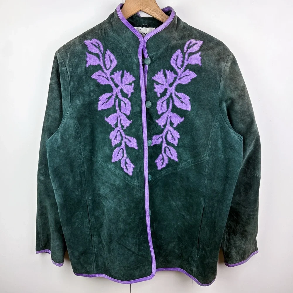 Vintage Suede Leather Vine Leaf Mandarin Collar Jacket Green Purple Large Linea - Picture 1 of 7